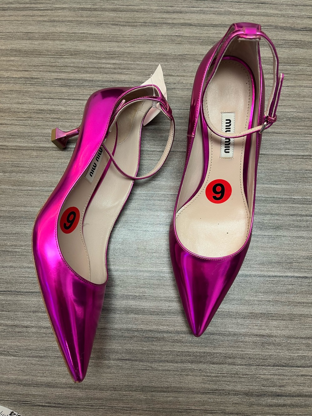 Miu Miu Metallic Fuchsia Pointed-Toe Ankle-Strap Pumps